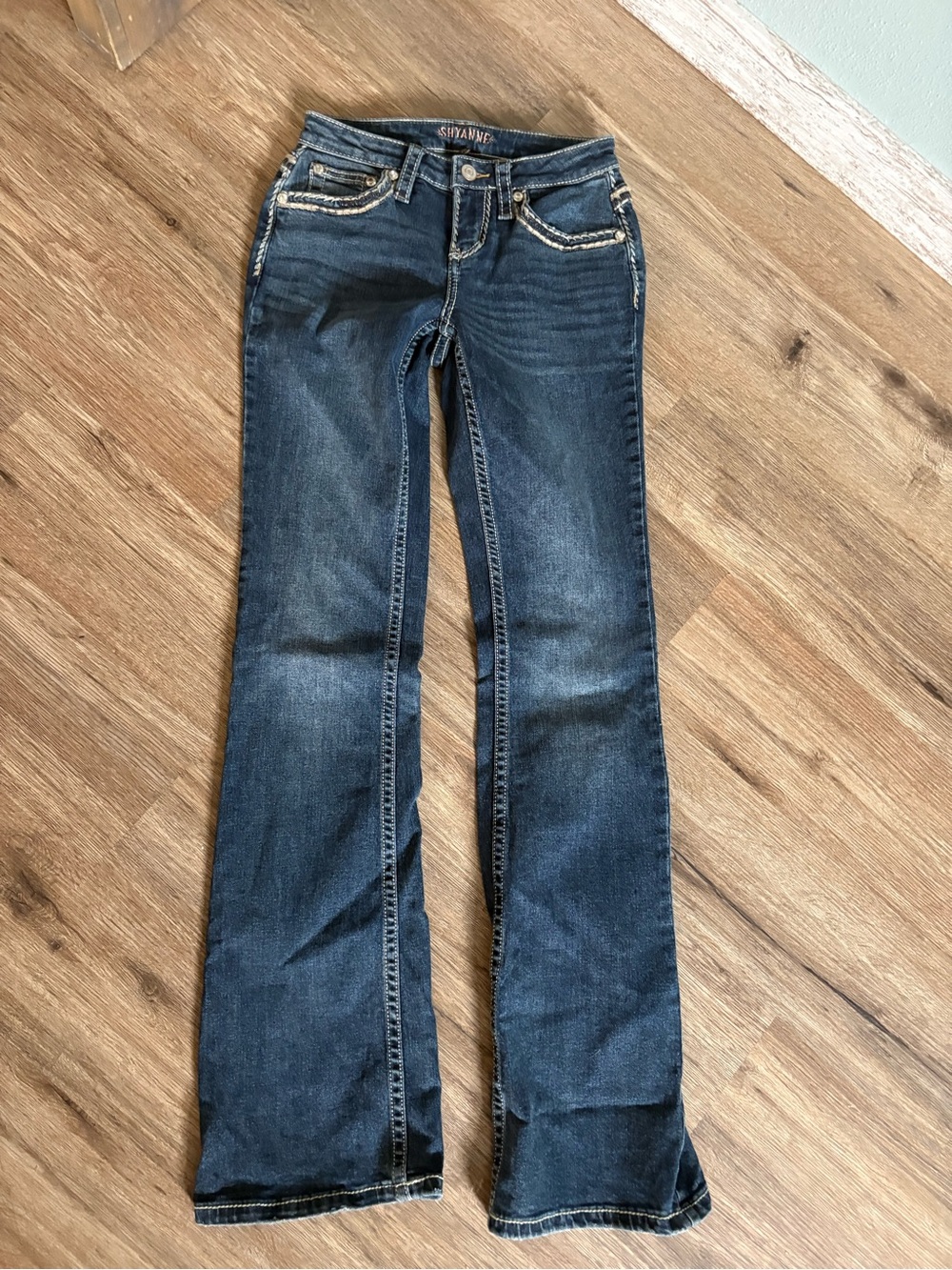 Shyanne Dark Blue Flare Jeans with Contrast Stitching